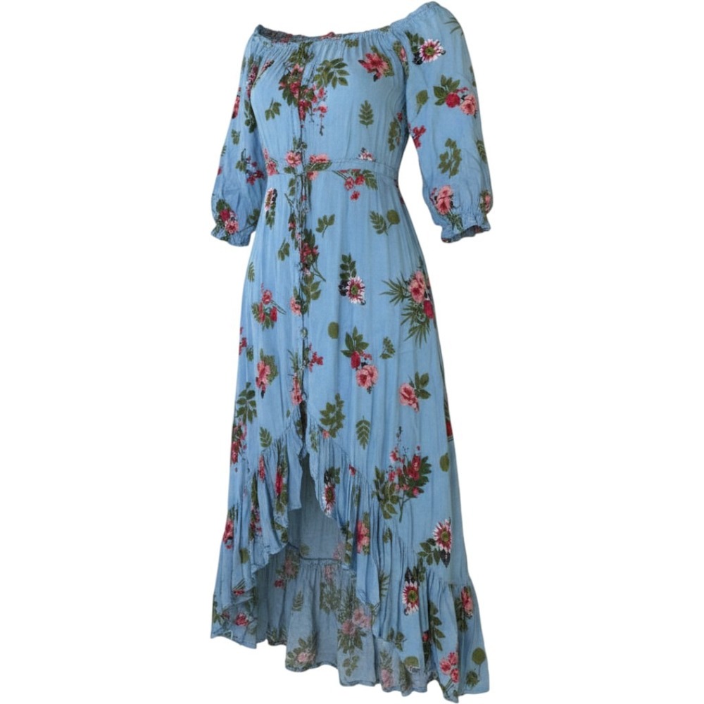 Entro Blue Floral Off Shoulder High Low Ruffle Midi Dress Women L Cottagecore